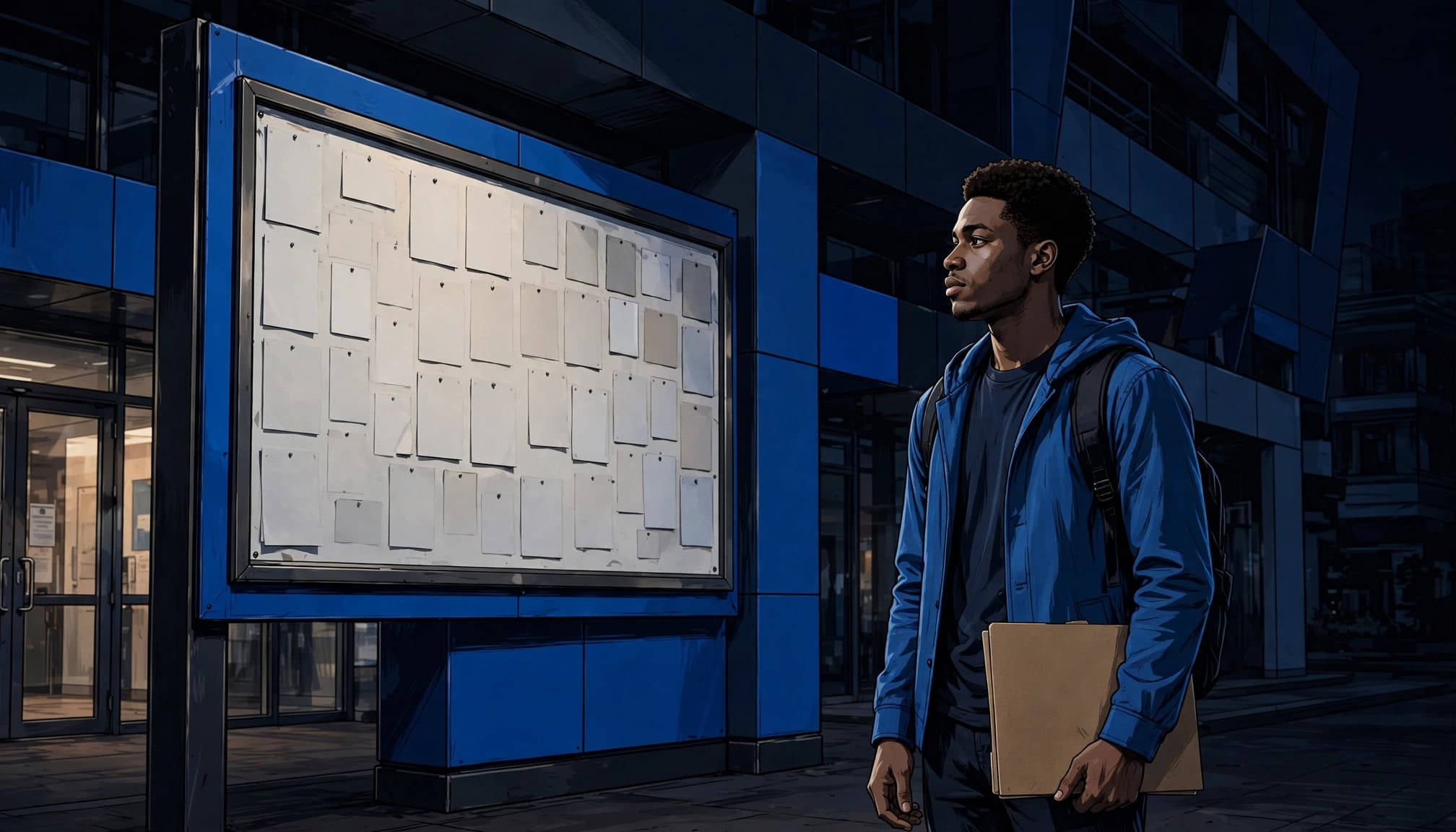 A Nigerian student holding a folder outside a modern university admissions office.