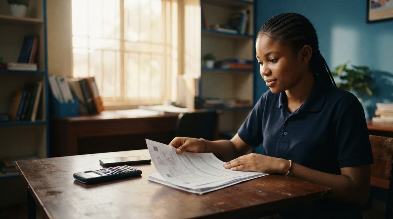A student checks blurred admission papers beside a calculator and smartphone.