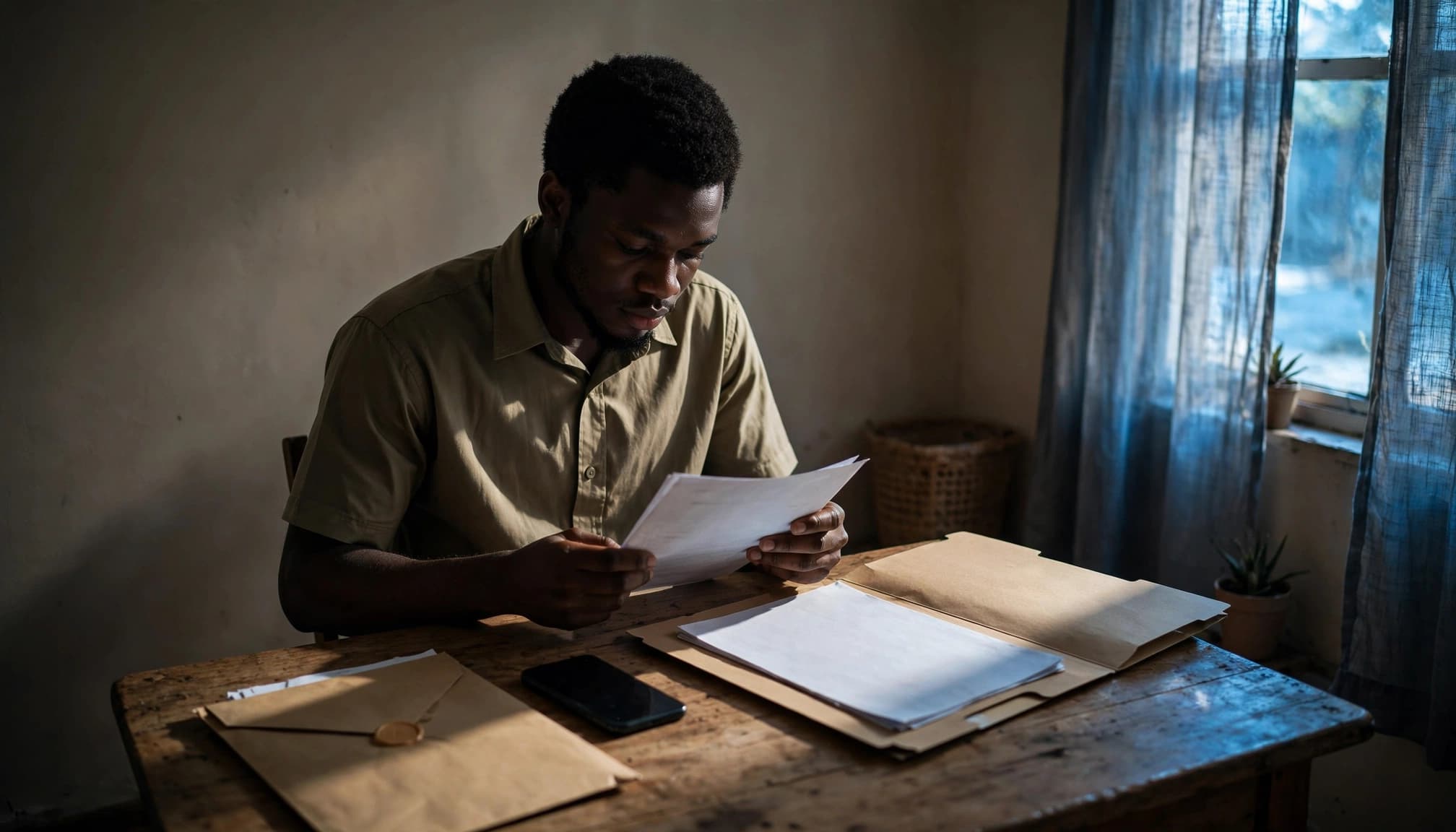 A corps member reviews papers beside a sealed report, folder, and phone.