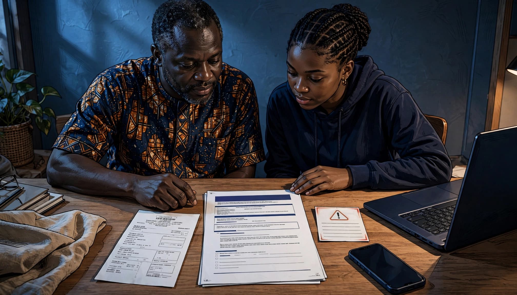 A parent and student compare payment records beside a laptop and phone.