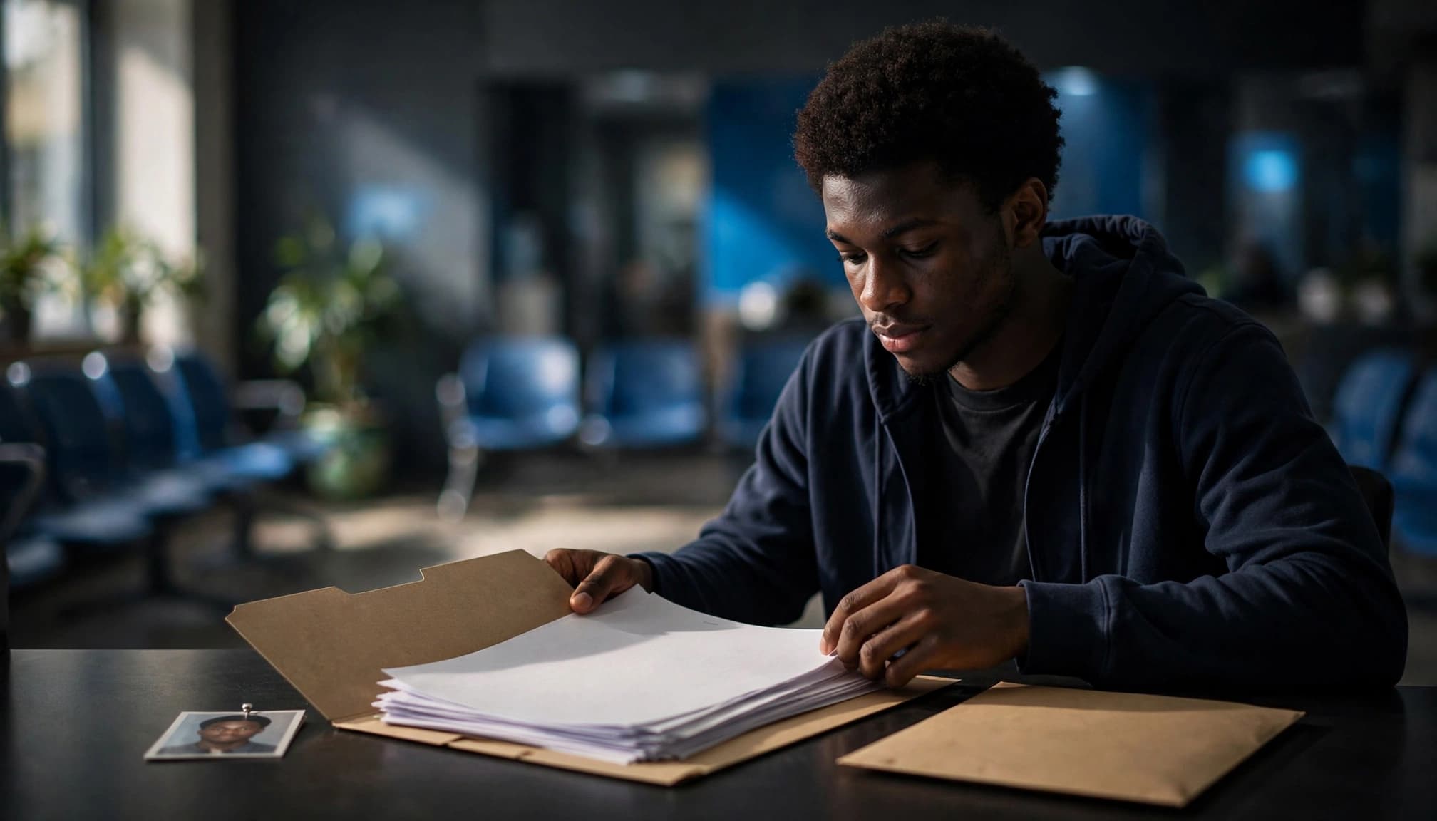 A student organizes forms, a passport photo, and a sealed envelope at a clinic reception.