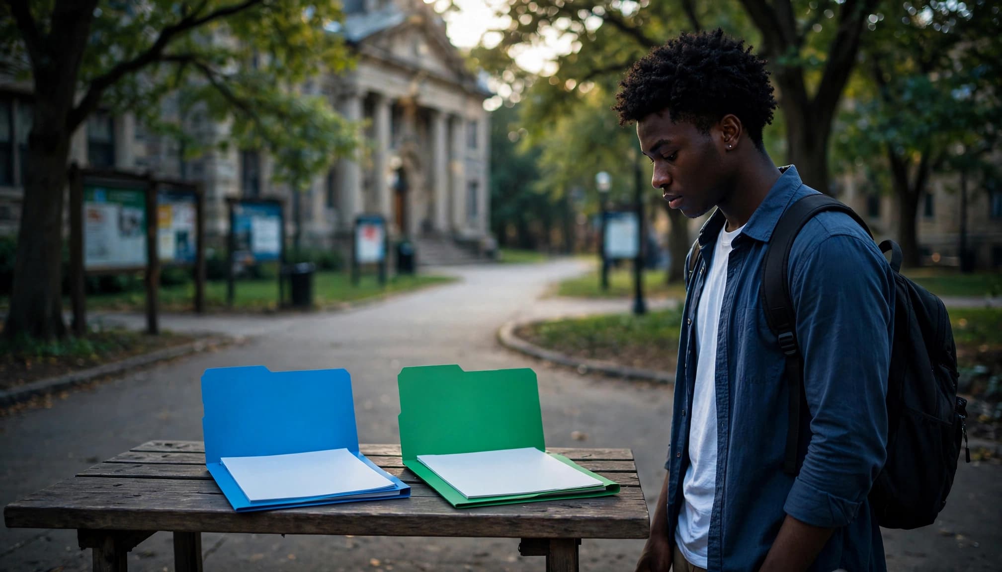 A student compares blue and green folders on a bench outside a university building.