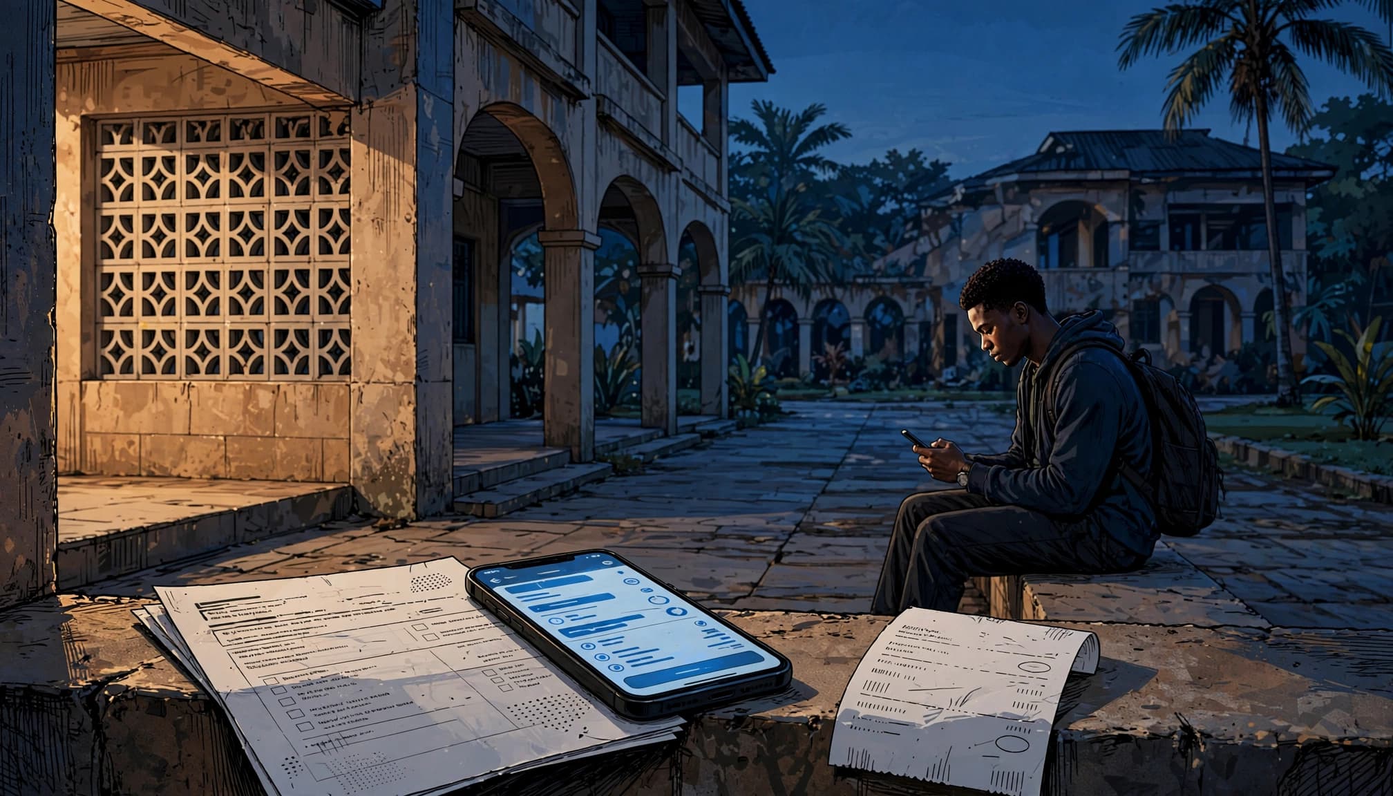 A student checks a smartphone beside a fee notice and bank receipt on a campus walkway.