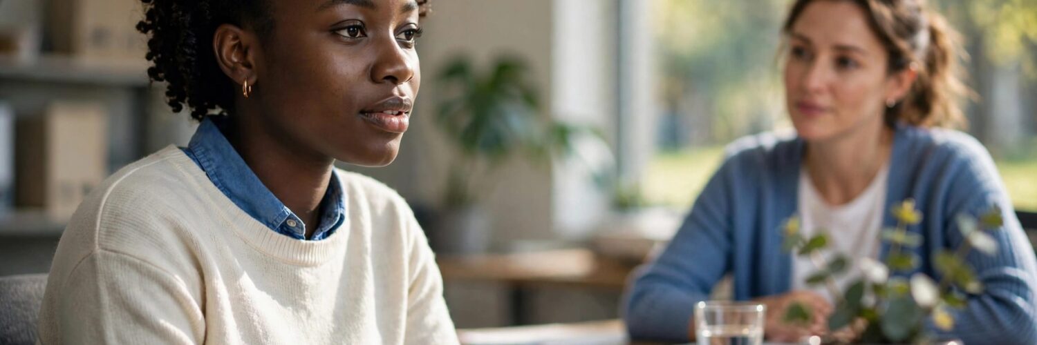 A student speaks with an adviser across a desk in a campus office.