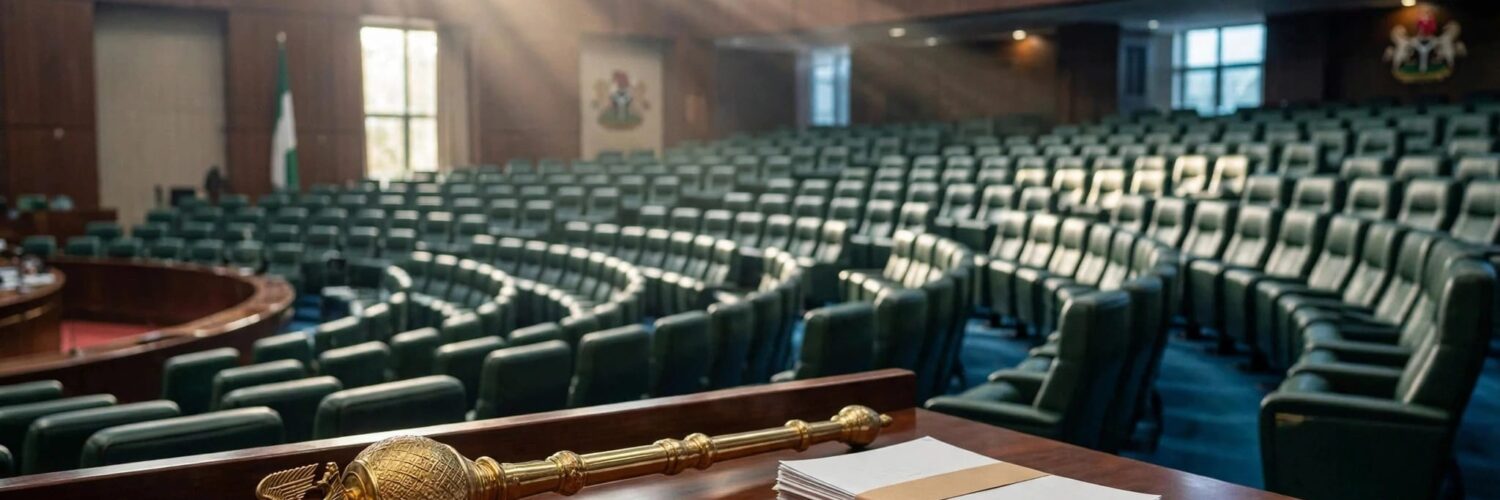 A ceremonial mace and bill papers sit before empty green seats in Nigeria’s parliament.