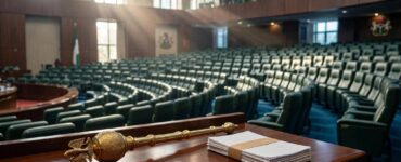 A ceremonial mace and bill papers sit before empty green seats in Nigeria’s parliament.