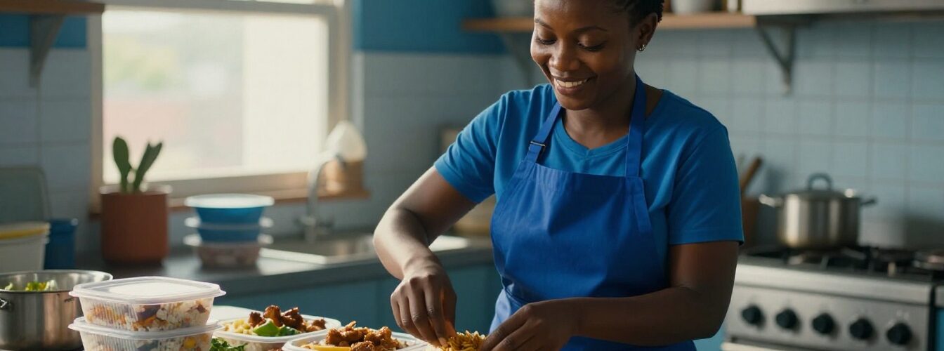 A woman in a blue apron packs rice and chicken into a takeaway container.