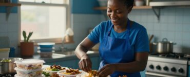 A woman in a blue apron packs rice and chicken into a takeaway container.