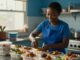 A woman in a blue apron packs rice and chicken into a takeaway container.
