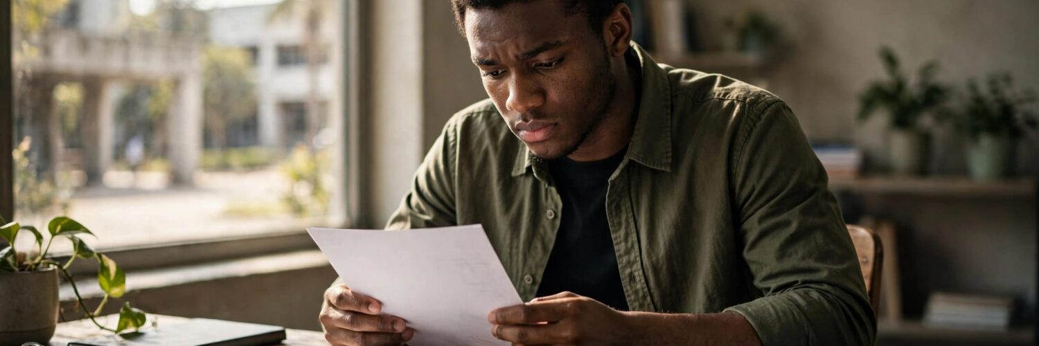 A concerned student reviews papers at a desk near a campus window.