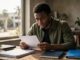 A concerned student reviews papers at a desk near a campus window.