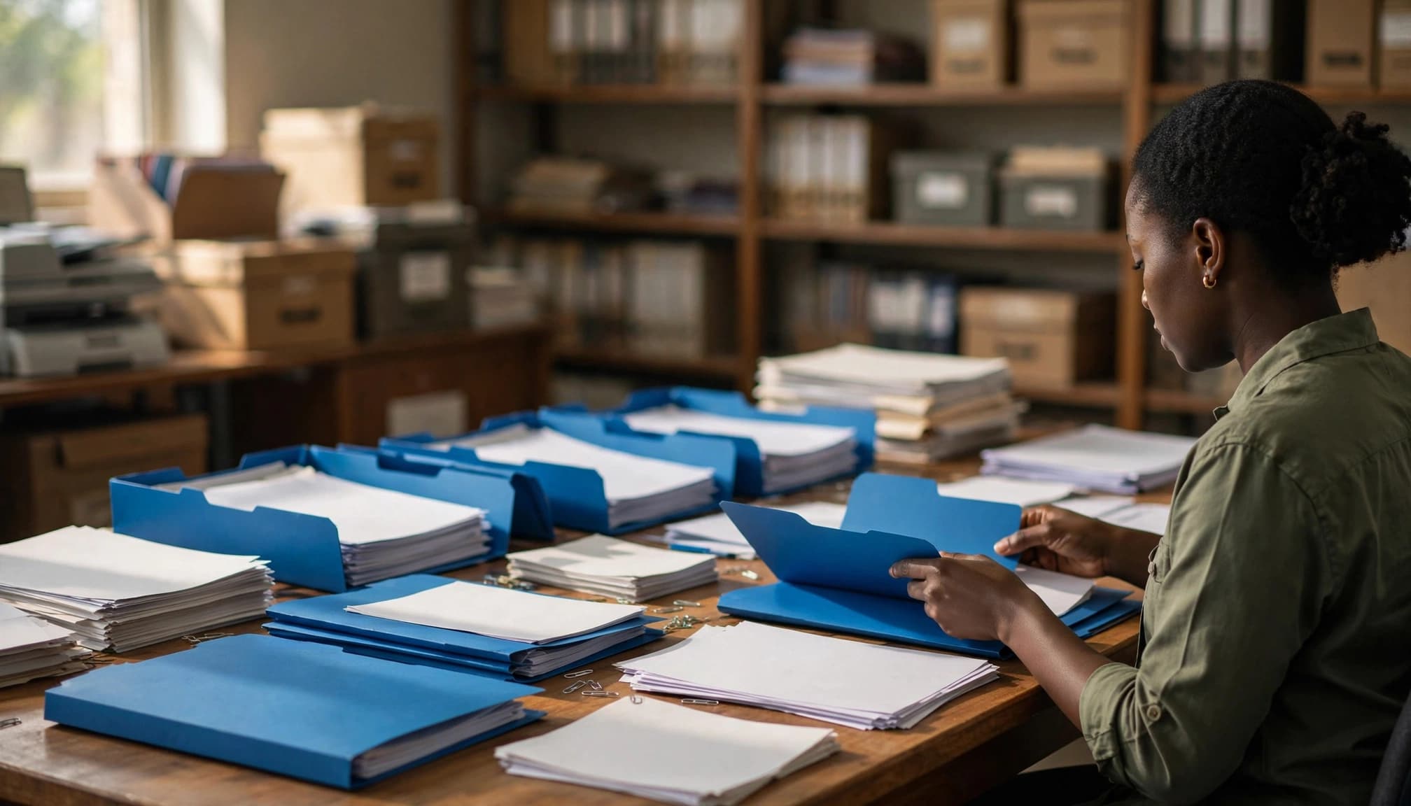 A graduate sorts folders and academic papers at a wooden table.