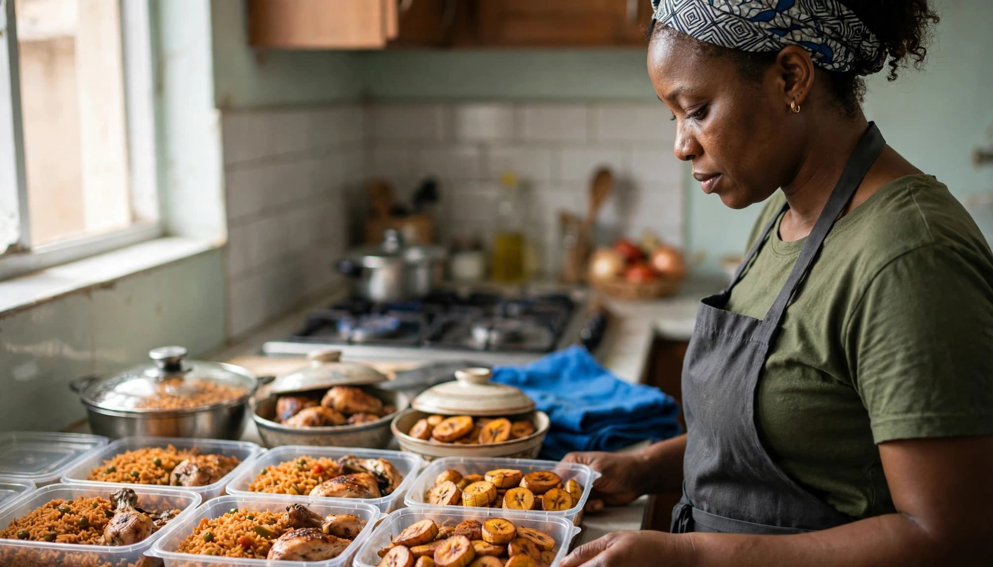 A cook stands behind covered bowls of jollof rice, chicken, and plantain.
