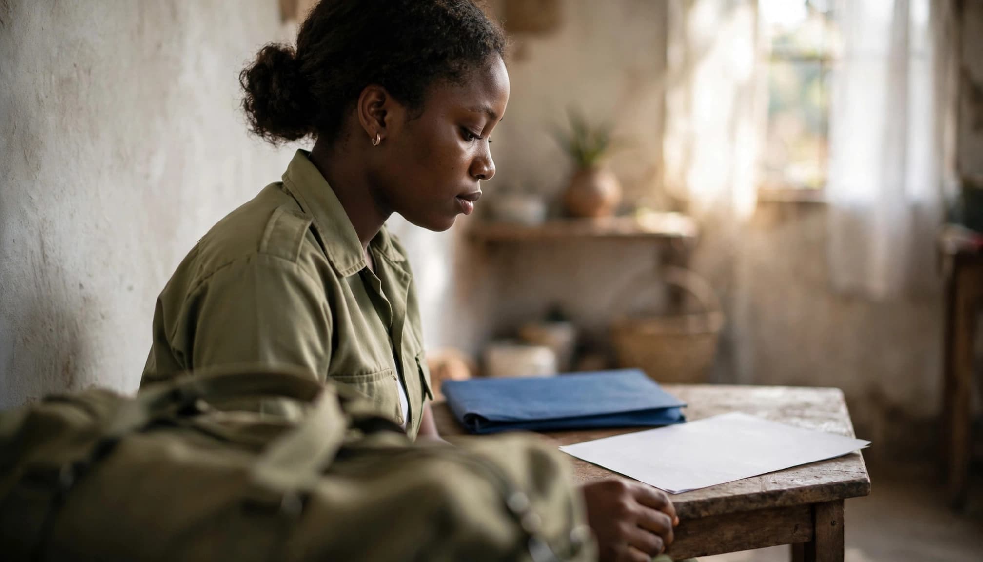 A woman in a green shirt sits at a wooden table reviewing a blank paper with a bag in the foreground.