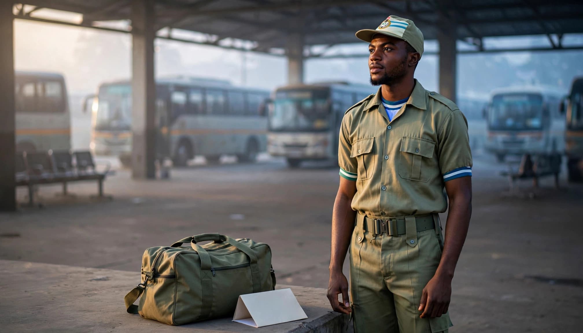 A Nigerian corps member in uniform standing at a bus terminal next to a travel bag and a folded white document.