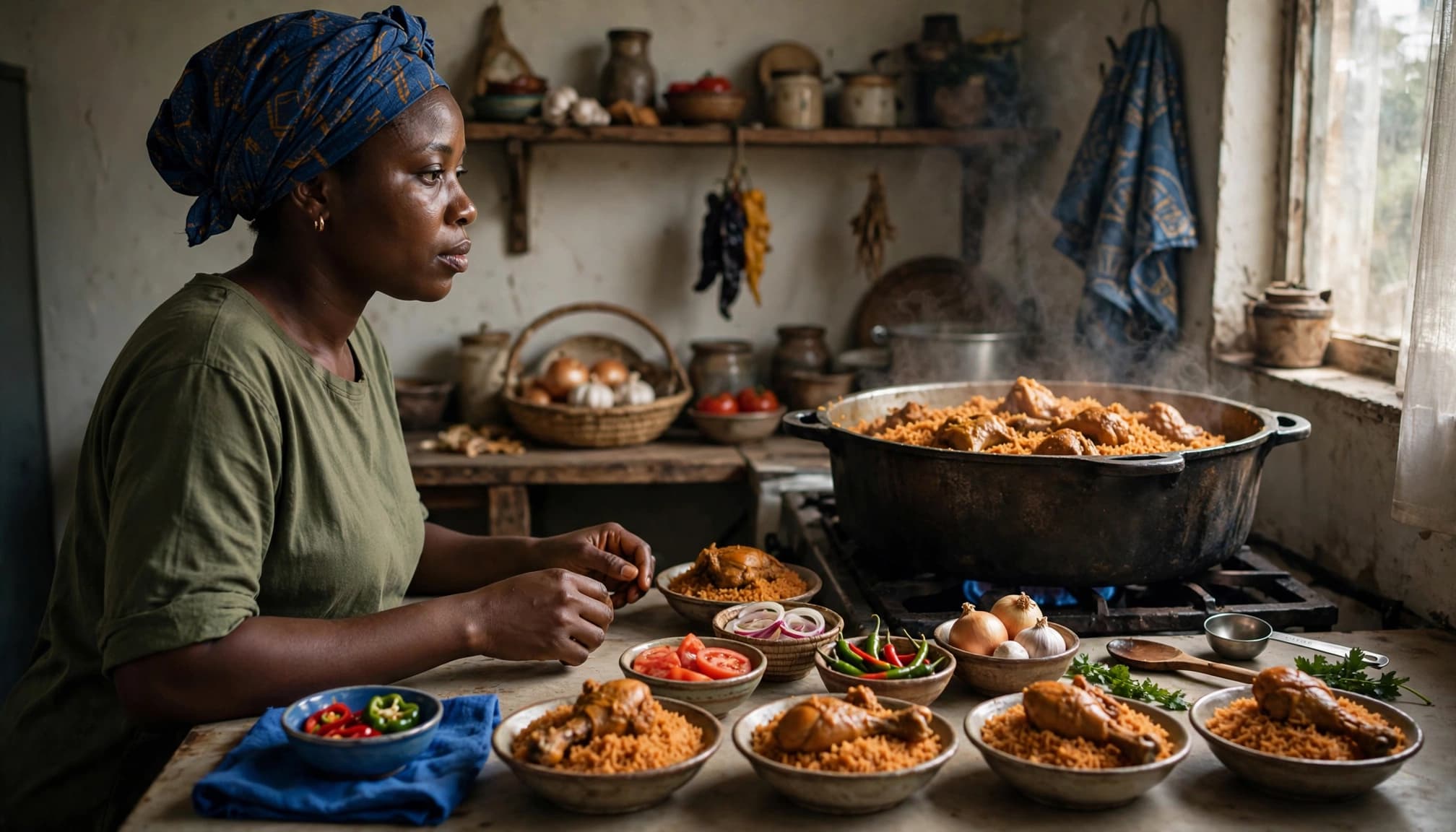 A woman in a headwrap prepares jollof rice and chicken in a rustic kitchen.