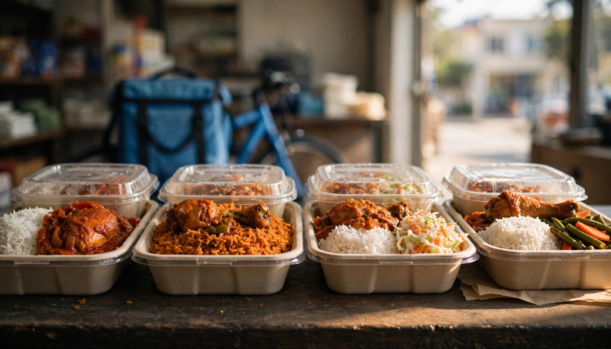 Sealed Nigerian lunch containers sit on a counter with a blue delivery bag behind them.