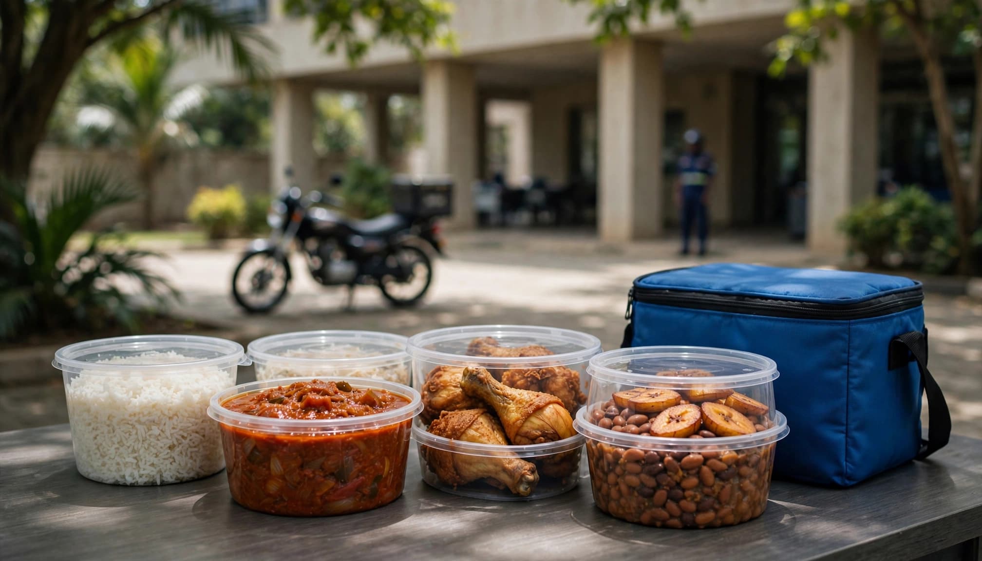 Containers of rice, stew, chicken, and beans with plantains are arranged on a table outside a building.