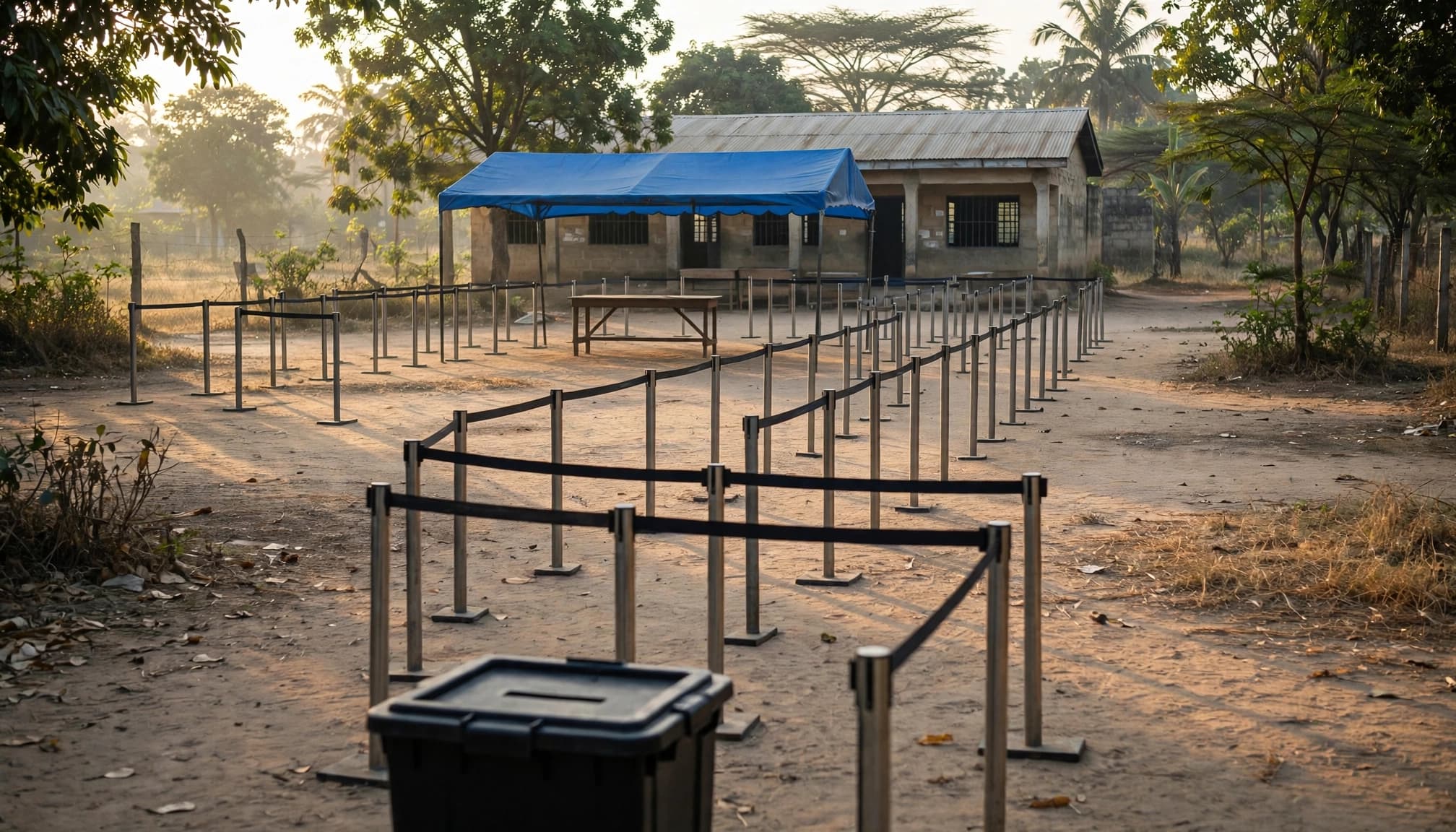 An empty rural polling station exterior at early morning with a ballot box, queue barriers, and a blue canopy.