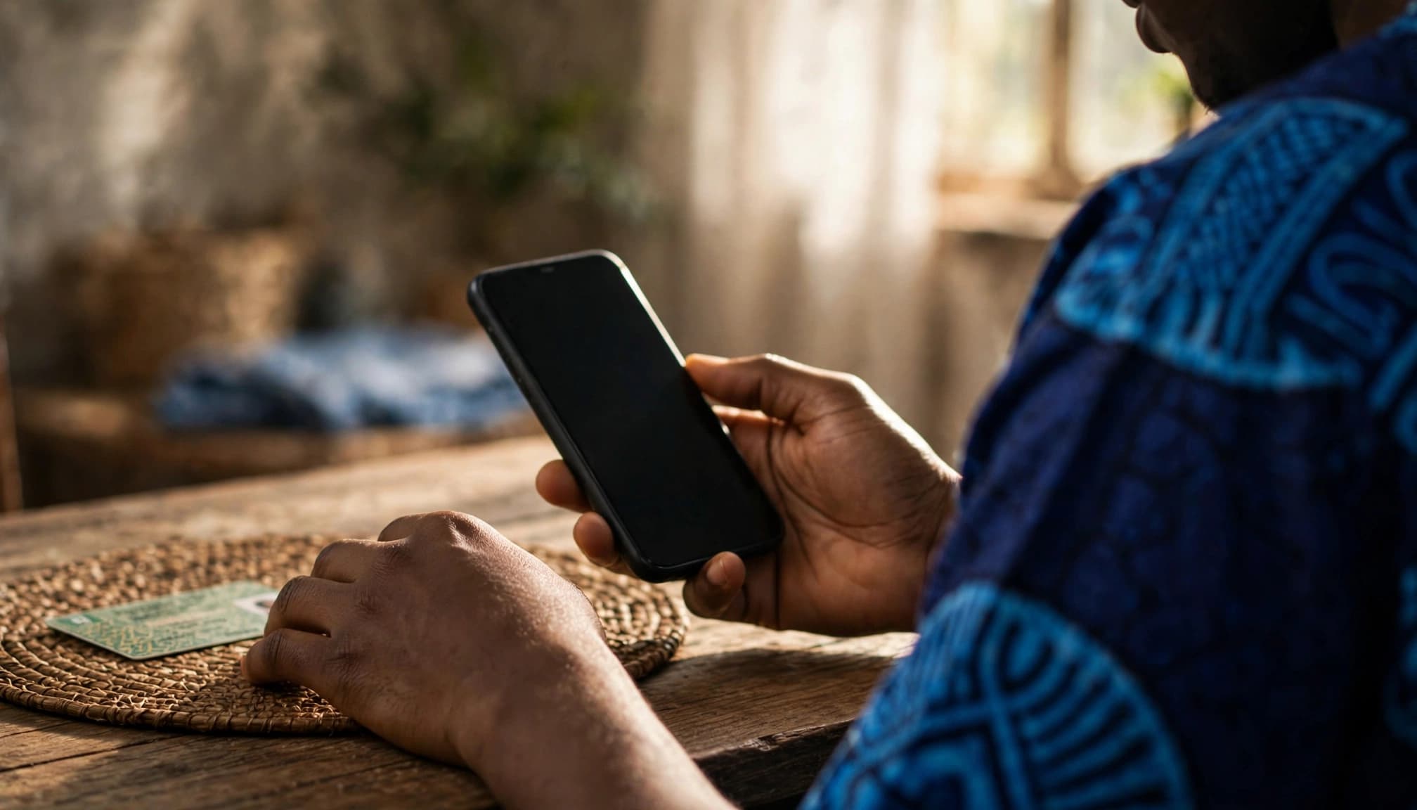 A person holding a smartphone with a blank screen next to a card on a wooden table.