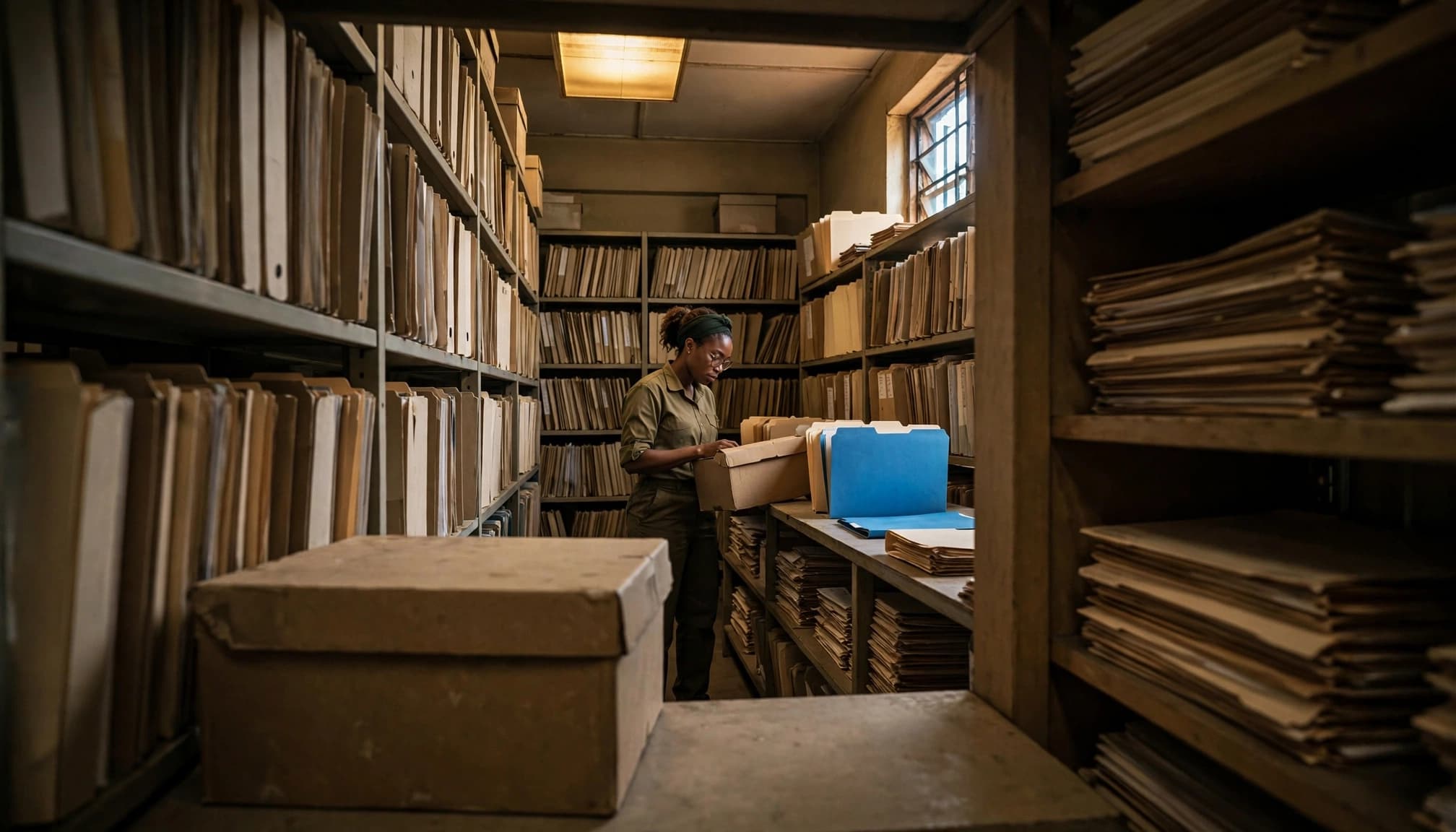 A records officer reviews an archive box beside shelves, with a blue folder set aside.